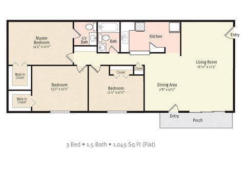 3 Bed 1.5 Bath Floor Plan at Kings Trail Apartment Homes, Jacksonville, FL 32217